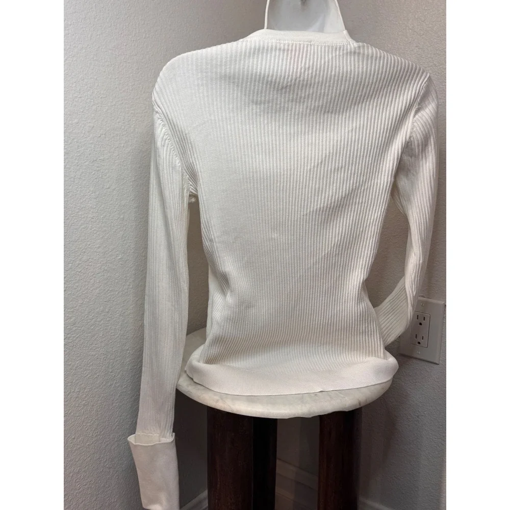Tory Burch White Ribbed Cotton Simone Cardigan Gold Logo‎ Buttons Small